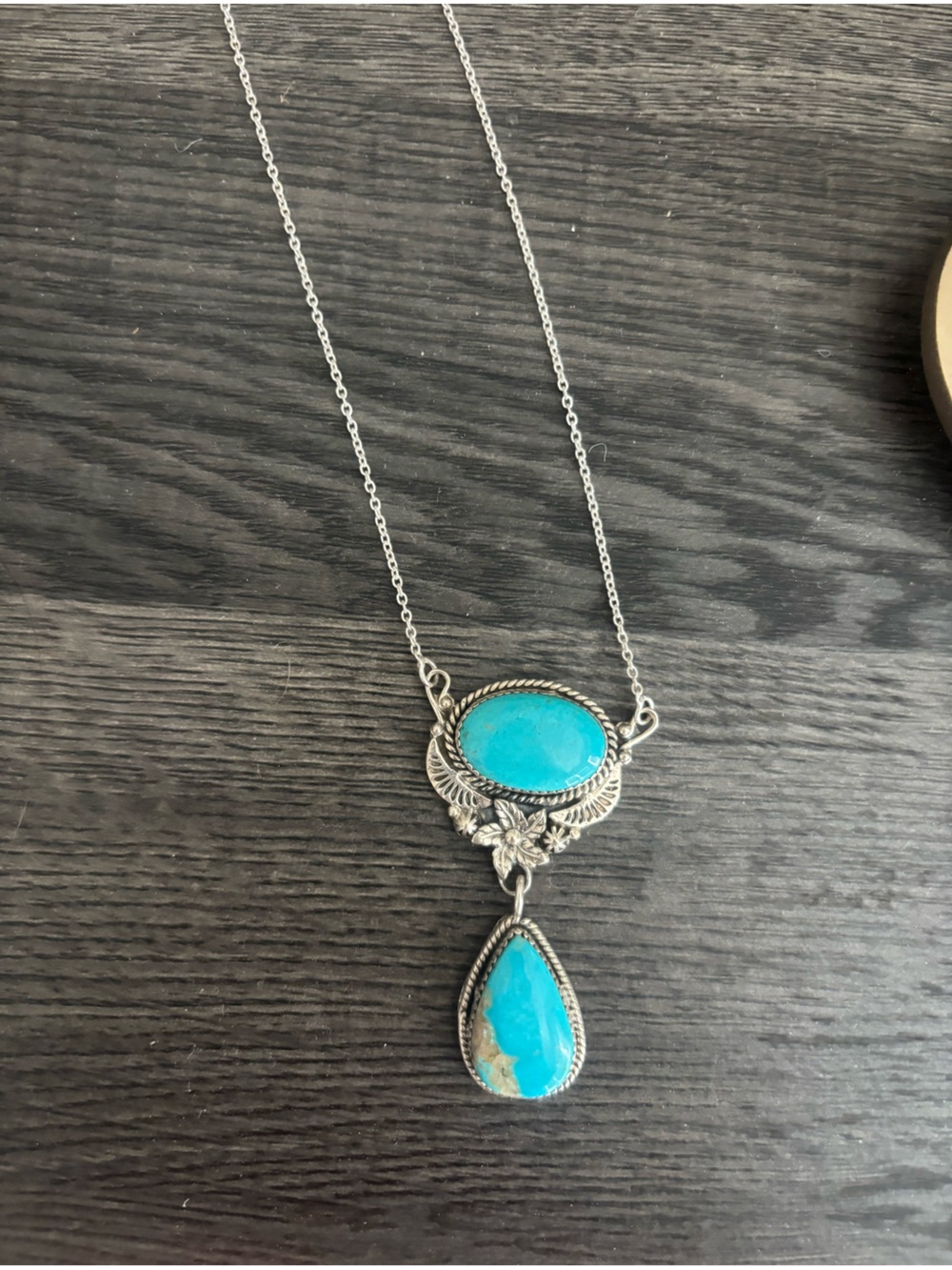 Turquoise Oval Stone Silver Pendant Necklace - Women Jewelry